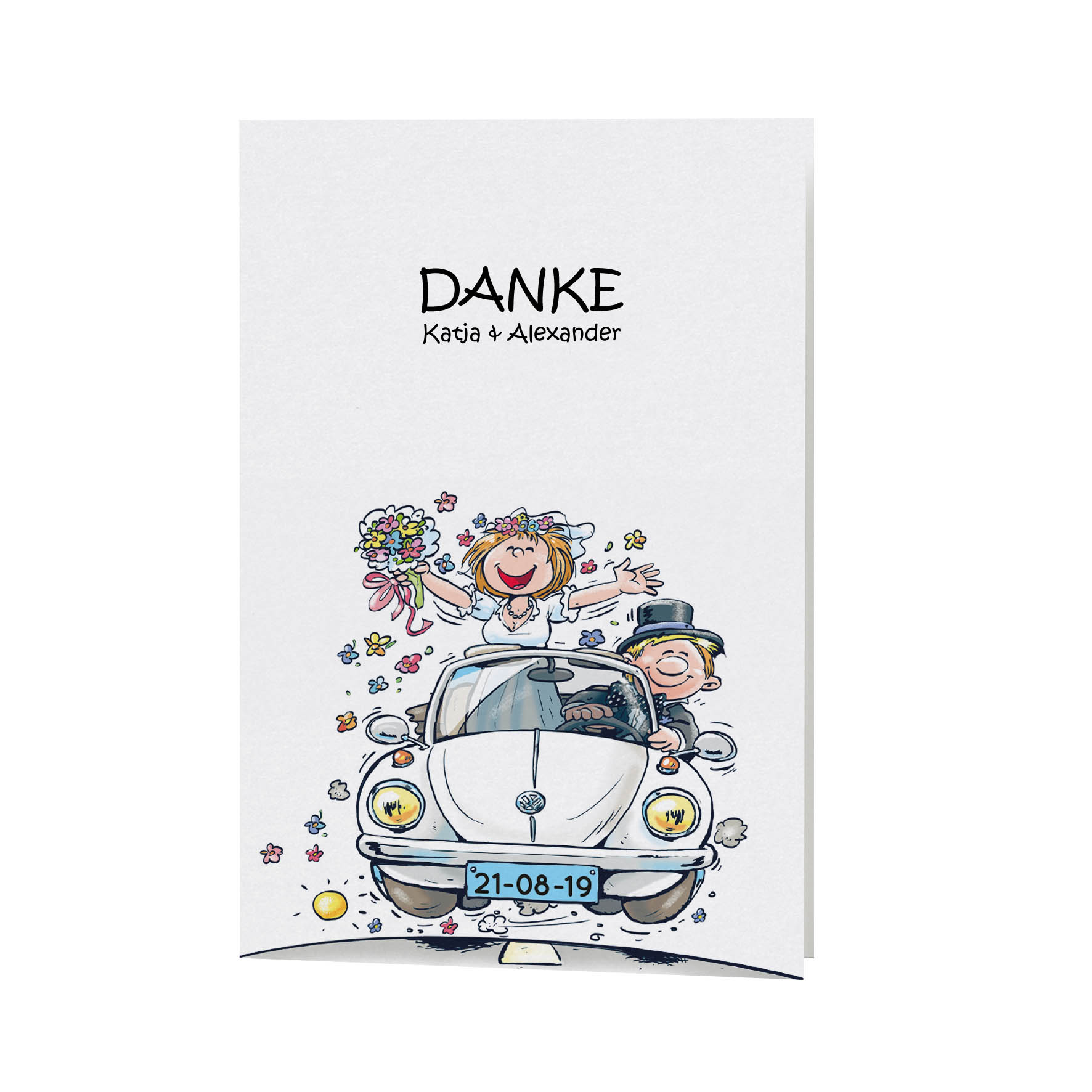 Humorvolle Comic Dankkarte mit Karikatur eines fröhlichem Brautpaar im VW-Käfer Cabrio