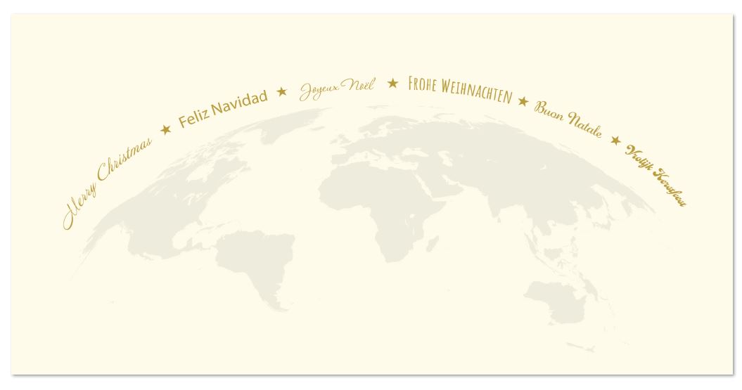 Weihnachtskarte mit Weltkugel und internationalen Weihnachtsgrüßen im Format DIN lang