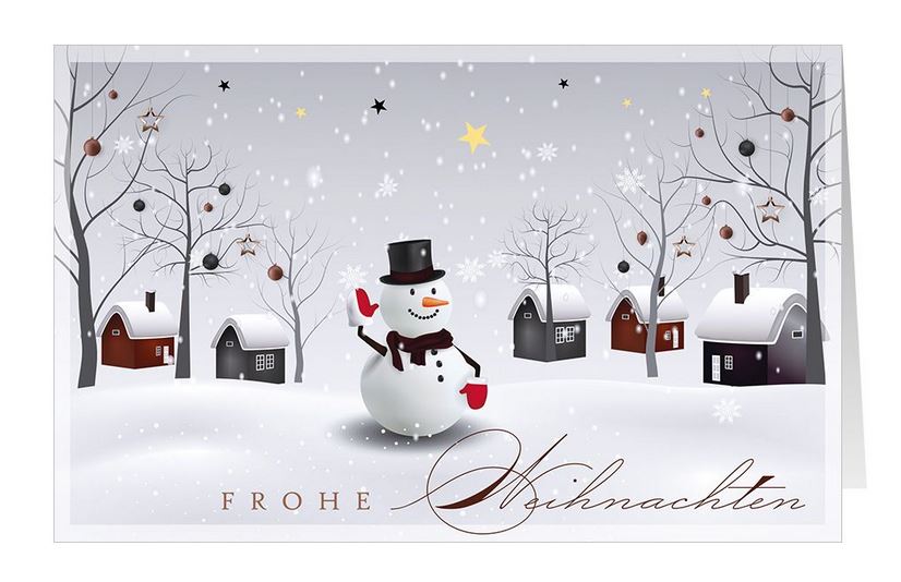 Putzige Winterweihnachtskarte mit winkendem Schneemann, verschneiten Häusern und "Frohe Weihnachten"