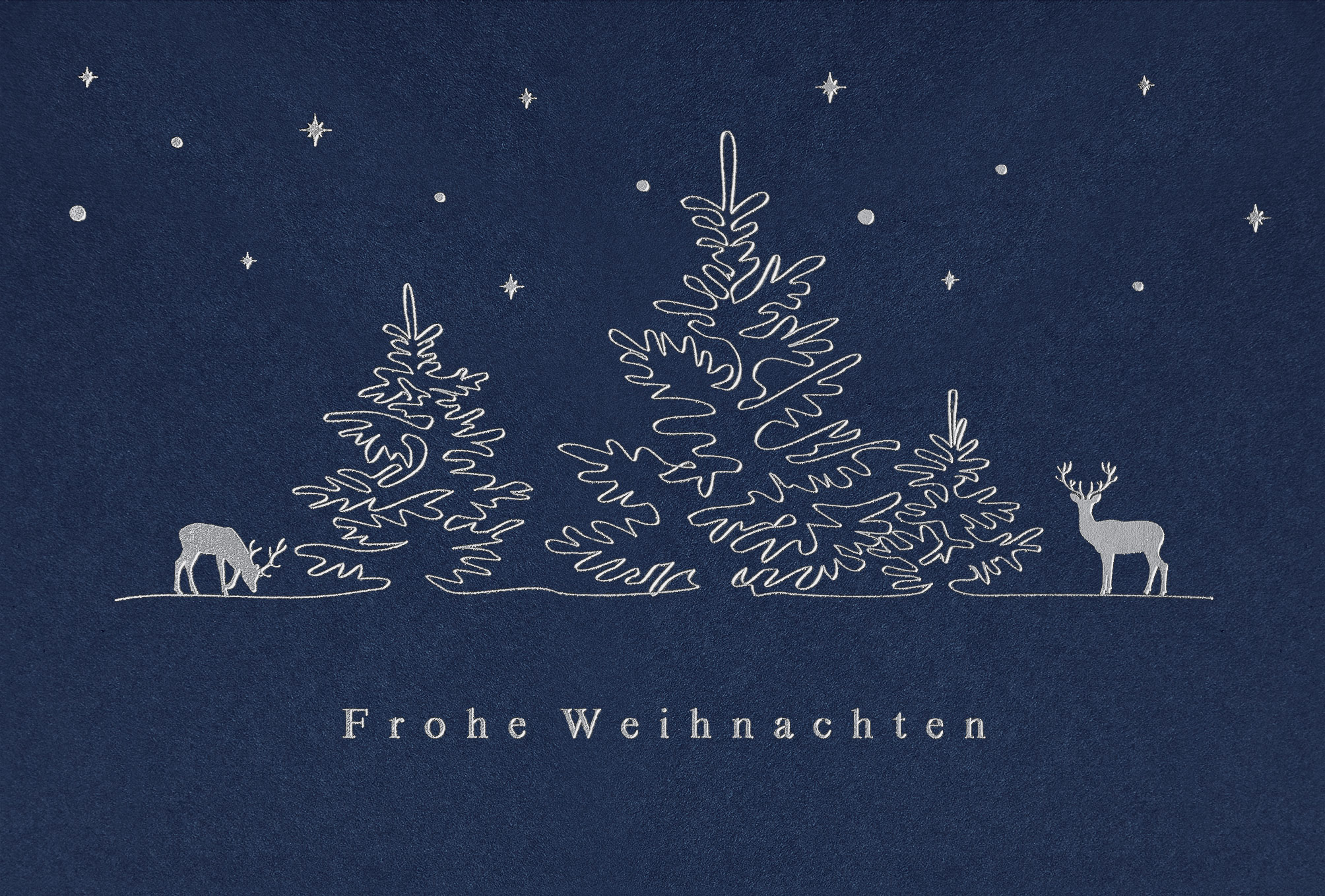 Edle Weihnachtskarte in dunkelblau mit silberner Prägung von Weihnachtsgruß und Motiv, inkl. Einleger