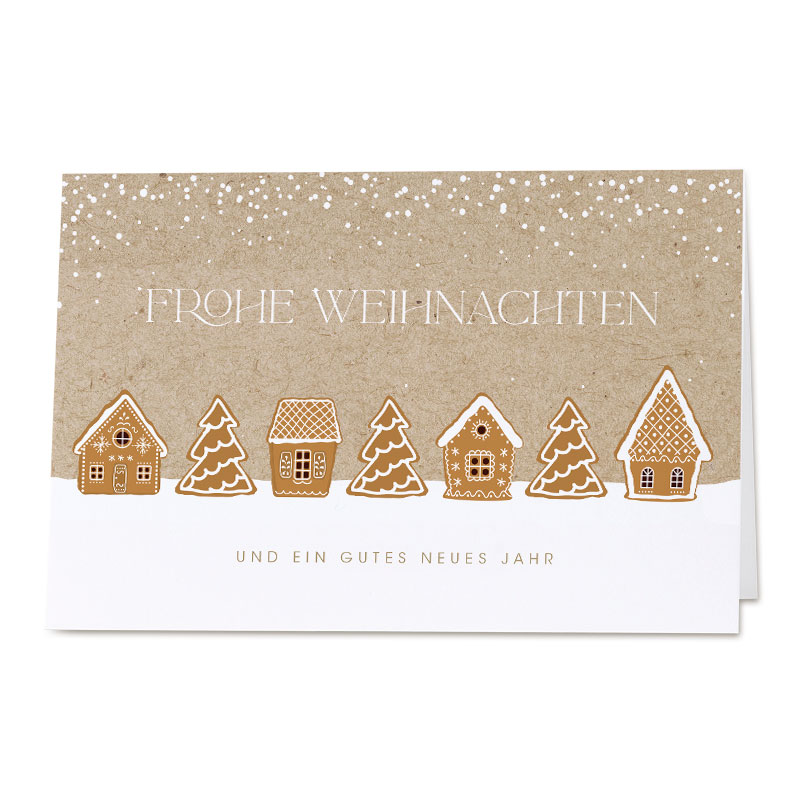 Winterliche Weihnachtskarte in braun und weiß mit Gruß, Lebkuchenhäuser und Tannenbäumen