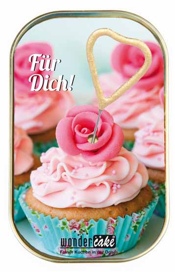 Muttertags Glückwunsch-Wondercake Rührkuchen in der Dose mit Motiv "Cup Cake für Dich", mit goldener mini Herz-Wunderkerze