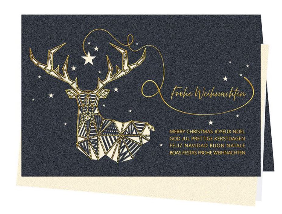 Elegante Laser-Weihnachtskarte mit prächtigem Hirsch, Sternen und Goldfolienprägung