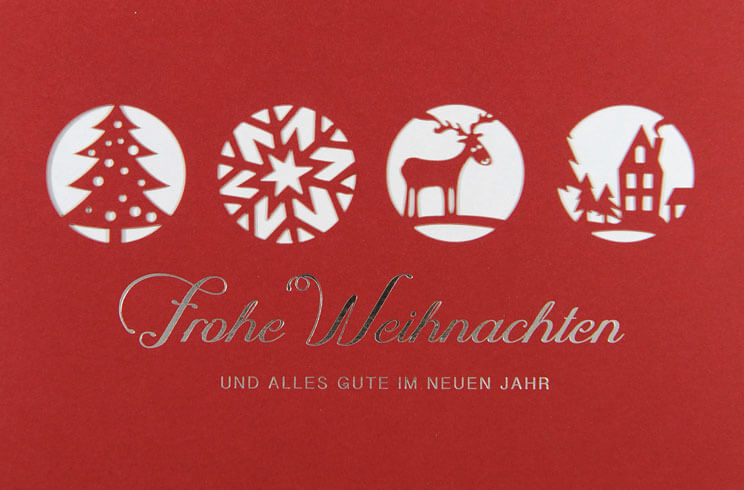 Rote Weihnachtskarte mit Silberflienprägung