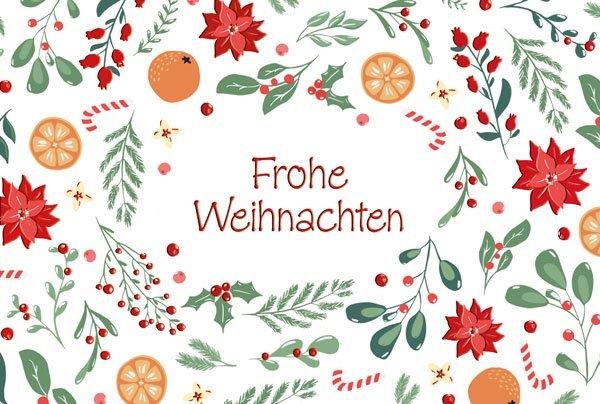 Cremeweiße Weihnachtskarte mit floralem Druck und Gruß in roter Folienprägung, inkl. Einleger