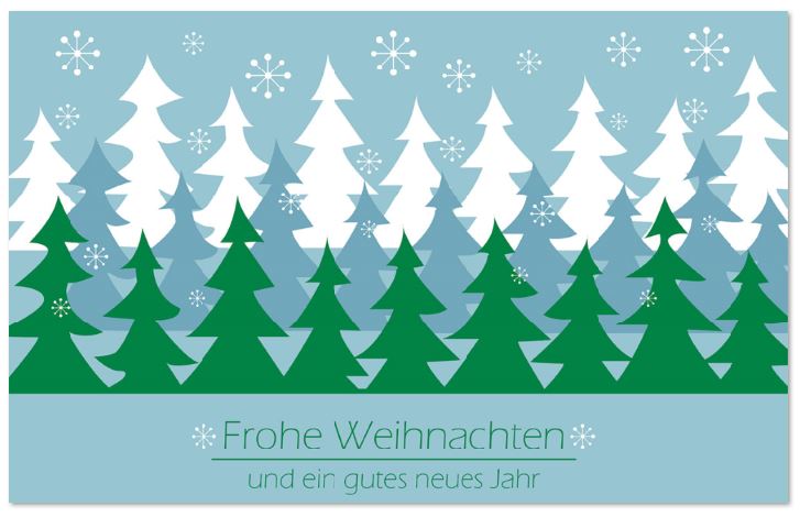 Blaue Weihnachtskarte mit Tannenbäumen in Reihen, Schneeflocken und Weihnachtsgruß