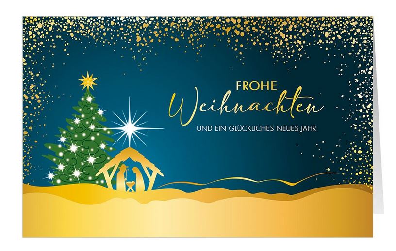 Stimmungsvolle Weihnachtskarte mit der Heiligen Familie unter dem Stern von Betlehem