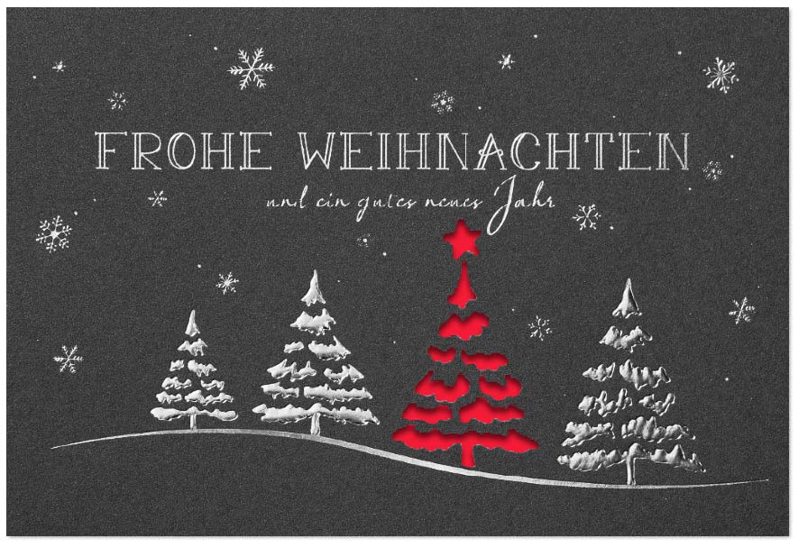 Edle Weihnachtskarte in anthrazit-metallic mit Silberprägung, Stanzung und rotem Falteinleger