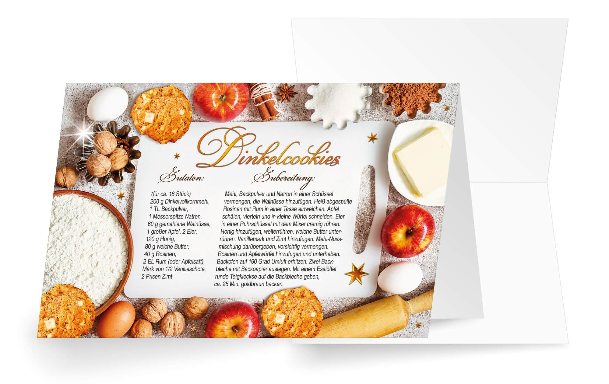 Weihnachtliche Rezeptkarte mit Zutaten und Zubereitung für leckere Dinkelcookies