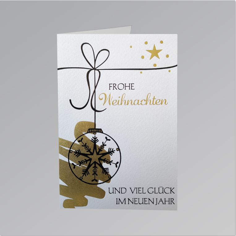 Cremeweiße Weihnachtskarte mit edler Gold- und Schwarzfolienprägung von Gruß und Weihnachtskugel