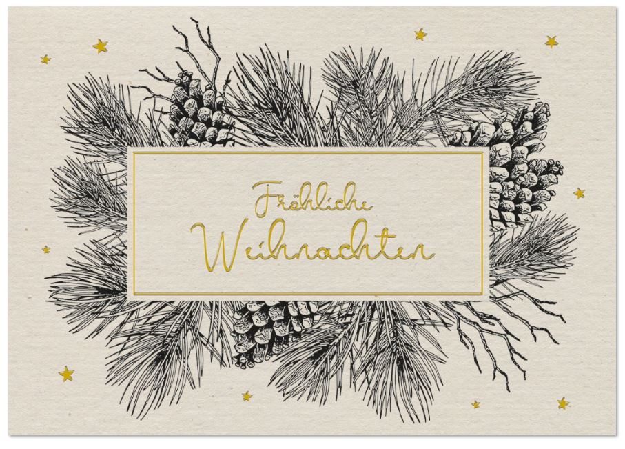 Naturgraue Weihnachtskarte im traditionellen Design mit Tannenazpfen und Zweigen