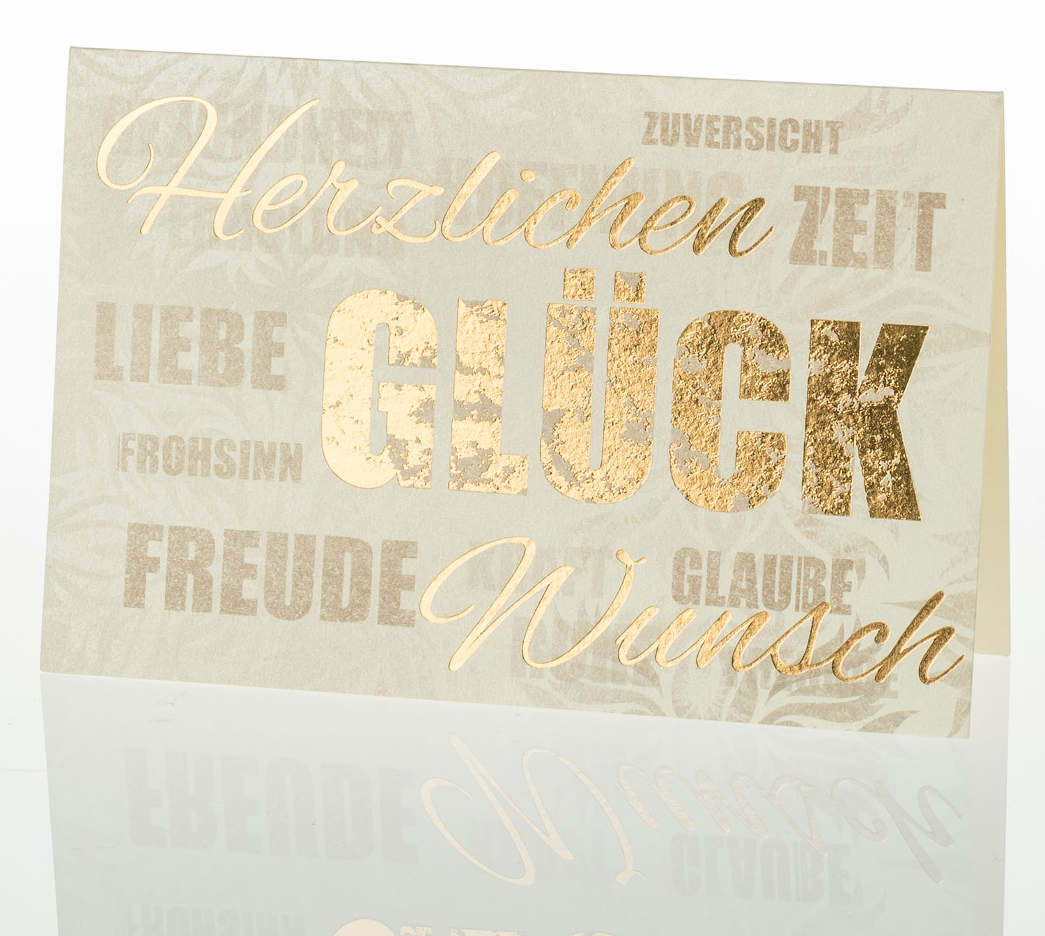 Glückwunschkarte creme metallic mit zahlreichen guten Wünschen