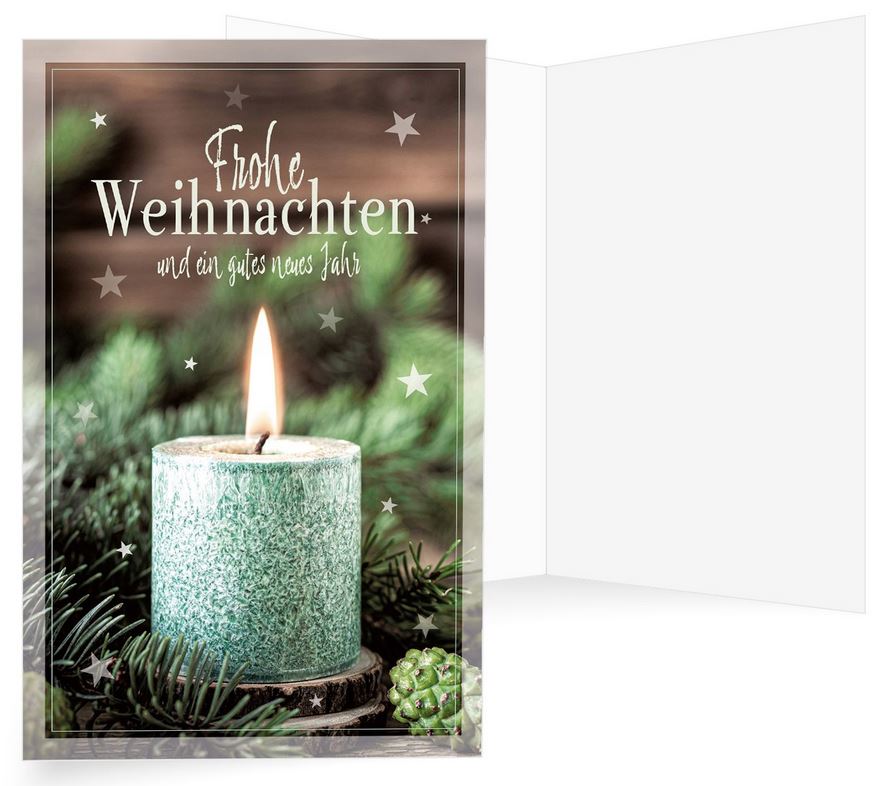 Weihnachtskarte mit grüner, brennender Kerze und "Frohe Weihnachten und ein gutes neues Jahr"