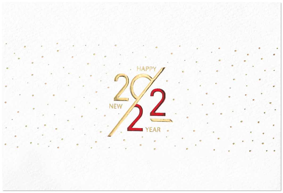 Weiße Neujahrskarte mit Jahreszahl 2022 und Happy New Year in rot und gold