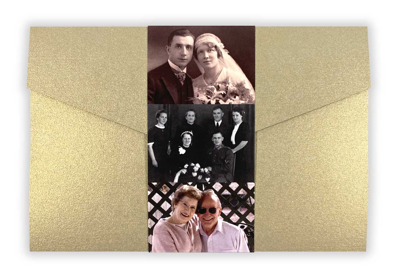 Einladungskarte zur goldenen Hochzeit, in gold Metallic mit eigenen Fotos und mehreren Einlegekarten