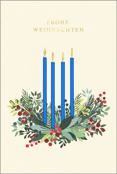 Weihnachtskarte mit Kerzen im floralen Gesteck, Weihnachtsgruß und Laserstanzung, Einleger blau