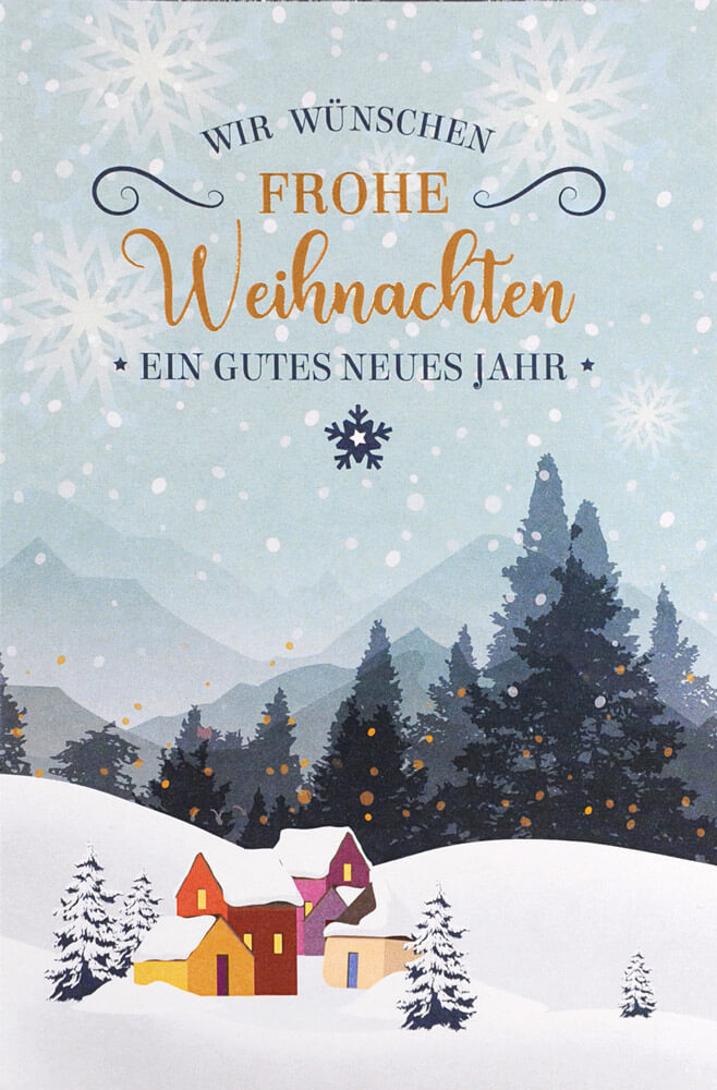 Winterliche Weihnachtskarte mit Weihnachtsgruß und winterlichem Dorf in den Bergen