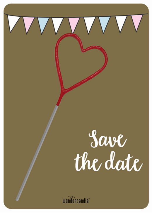 Mini-Wondercard als Save the Date Karte mit Wunderkerze in Herzform und Wimpelkette