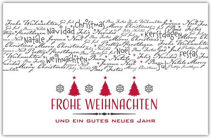 Spendenweihnachtskarte für Ärzte ohne Grenzen mit kalligrafischer Note und internationalen Grüßen