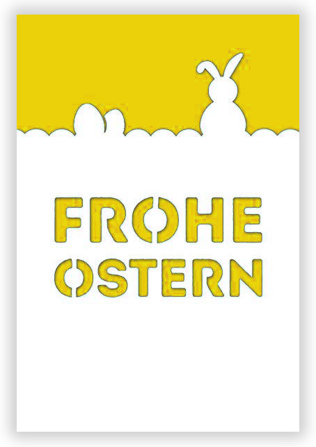 Weiße Ostergrußkarte mit gelbem Falteinleger, Formstanzung und Ostergruß