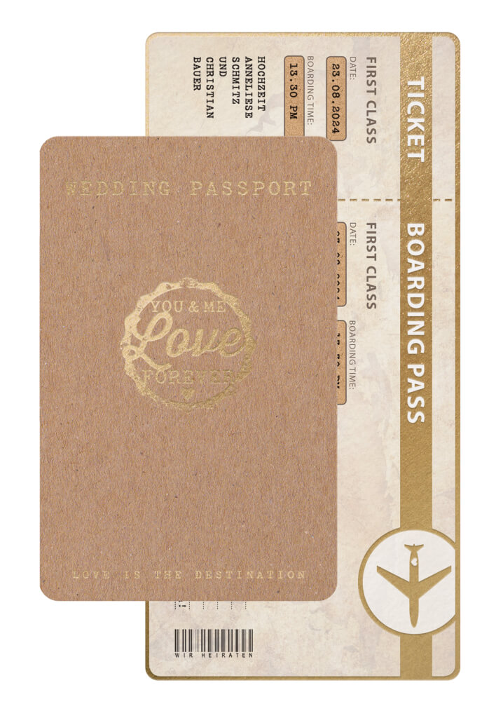 Naturbraune Hochzeitskarte als Wedding-Passport mit Boarding-Ticket und eigenem Foto