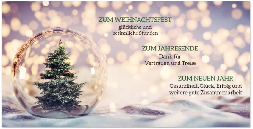 Spenden-Weihnachtskarte mit geschäftlichen Grüßen und Tanne in Glaskugel für die Kinderkrebshilfe