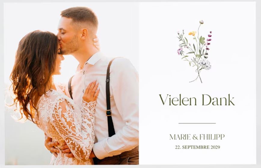 Romantische Danksagungskarte nach der Hochzeit mit eigenem Foto und sommerlichen Wildblumen