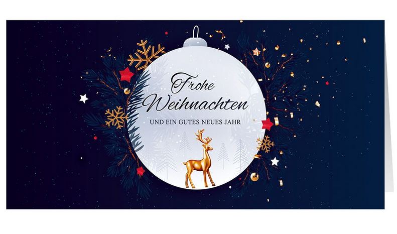 Blaue Weihnachtskarte DIN lang mit weißer Weihnachtskugel und goldenem Hirsch sowie Gruß