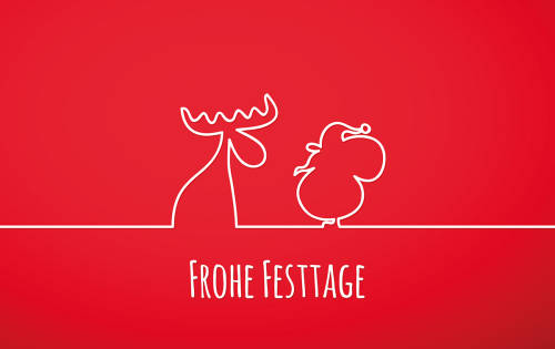 Humorvolle Weihnachtskarte in rot mit "Frohe Festtage" und lustigem Motiv