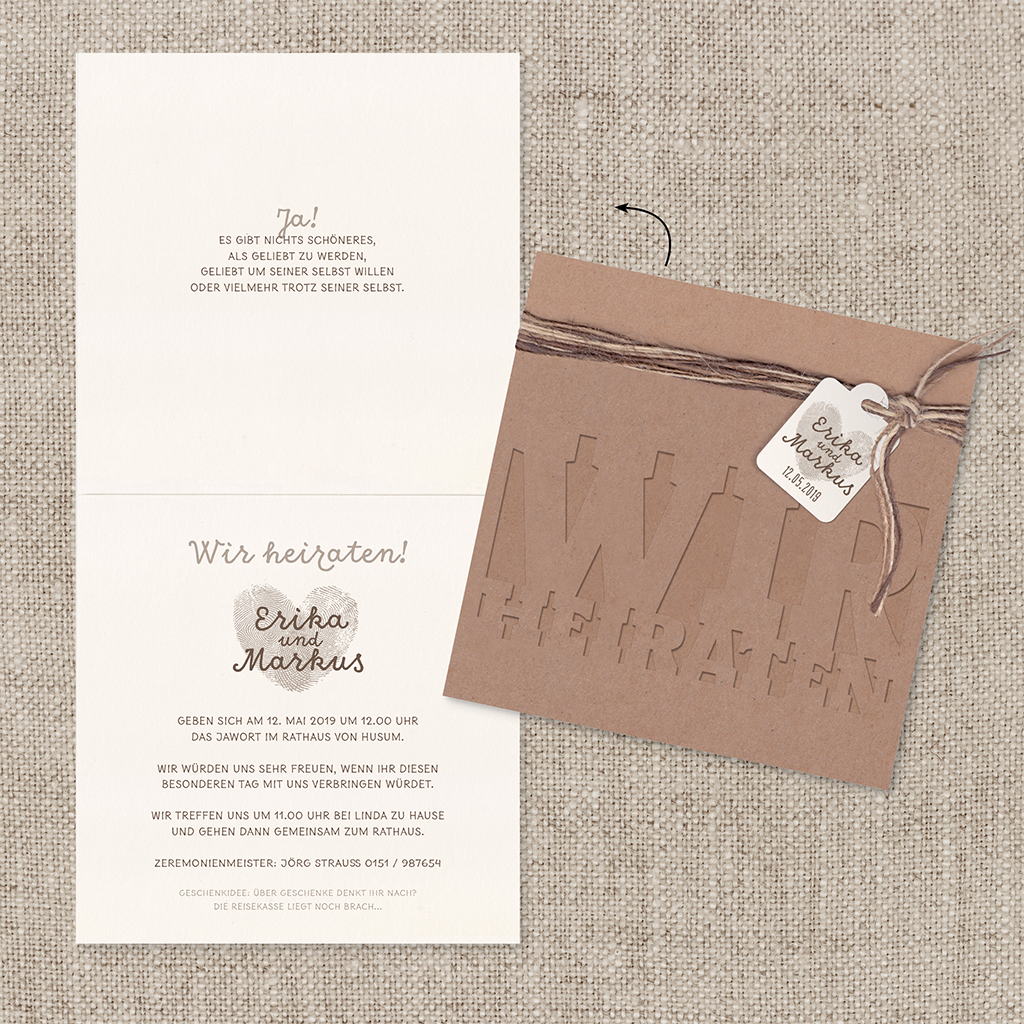 Hochzeitskarte aus Packpapier Kraftkarton Pocket Einstecktasche und creme Falt-Einlegeblatt mit Mustertext