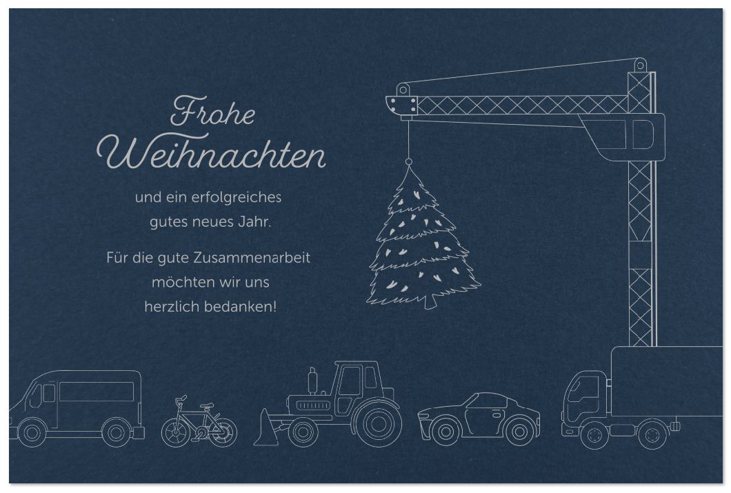 Firmen-Weihnachtskarte in blau mit Weihnachtsbaum am Kran und unterschiedlichen Fahrzeugen