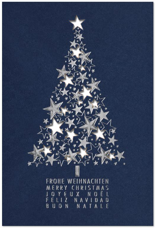 Dunkelblaue Weihnachtskarte mit Baum aus Sternen, mehrsprachig und Einlegeblatt in weiss