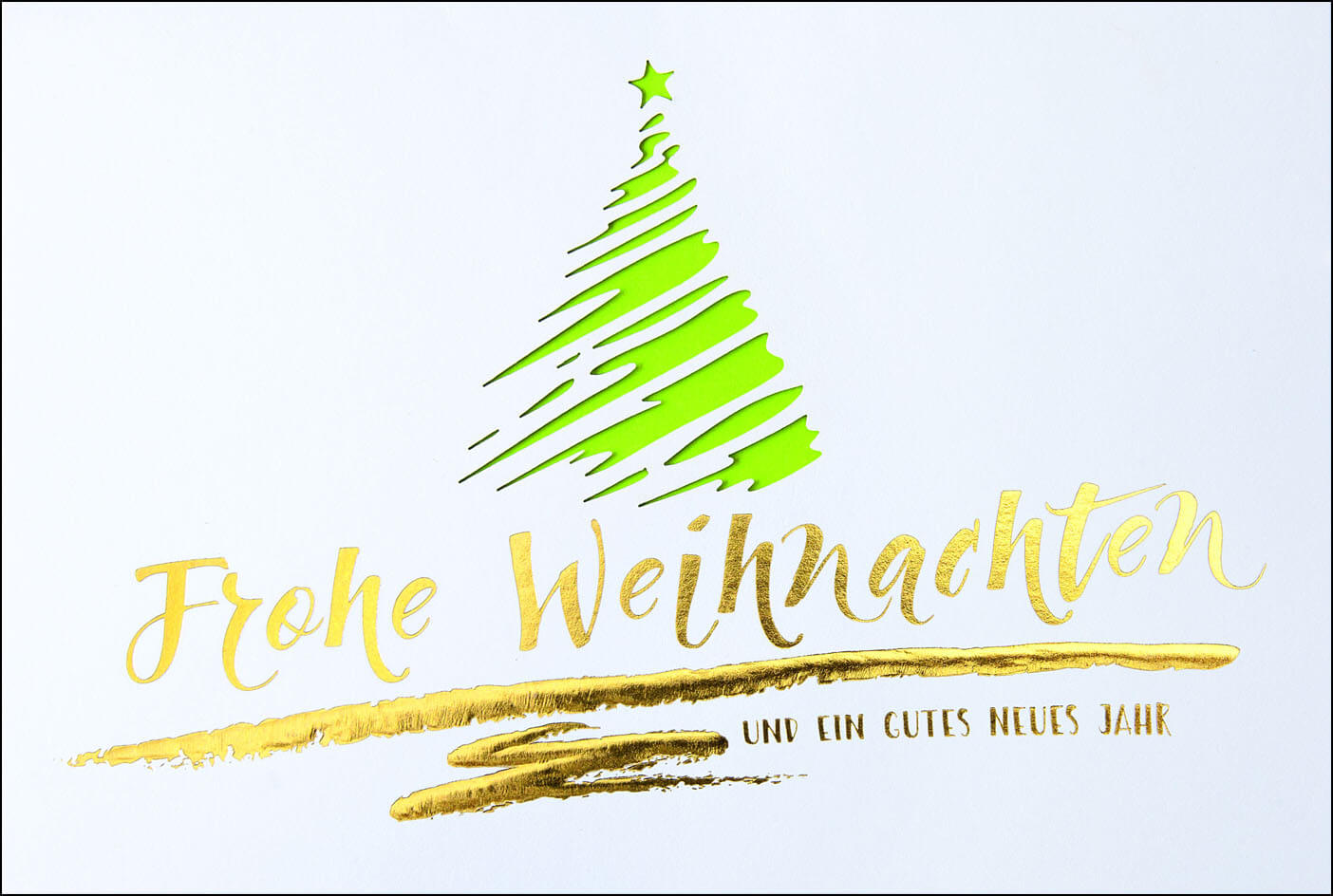 Weihnachtskarte mit Weihnachtsbaum und Schriftzug in Gold - Einleger hellgrün