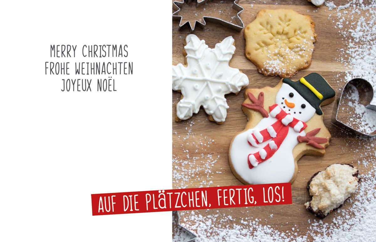 Internationale Weihnachtskarte "Auf die Plätzchen fertig los" mit Schneemann und Keksen