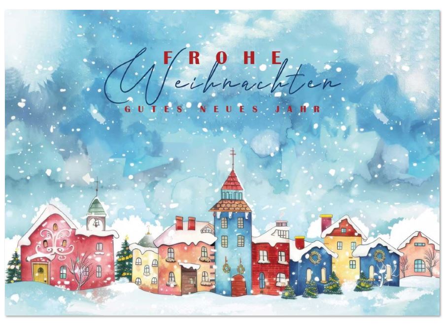 Stimmungsvolle Winter-Weihnachtskarte mit buntem, verschneiten Dorf und weihnachtlichen Grüßen