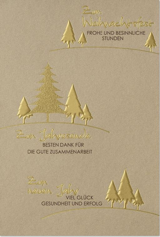 Naturbraune Firmenweihnachtskarte mit Tannenbäumen und geschäfltichen Grüßen in Goldfolienprägung