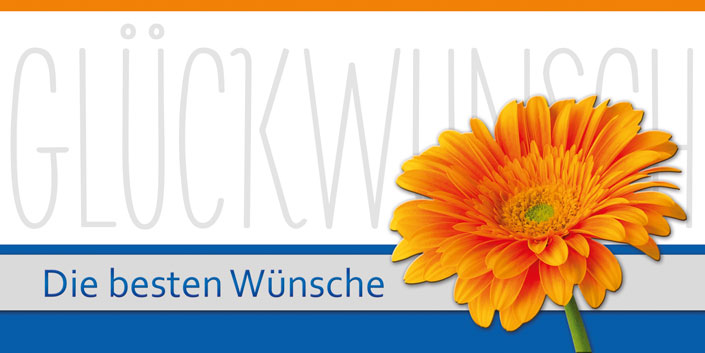 Glückwunschkarte mit großem Schriftzug "GLÜCKWUNSCH" und reliefgeprägter orangener Blüte