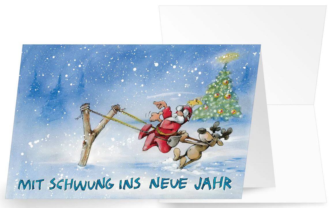 Lustige Neujahrskarte mit Rentier, Weihnachtsmann und Zwille "Mit Schwung ins neue Jahr"