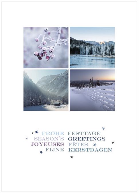 Internationale Weihnachtskarte mit Fotocollage von beeindruckenden Naturlandschaften im Winter