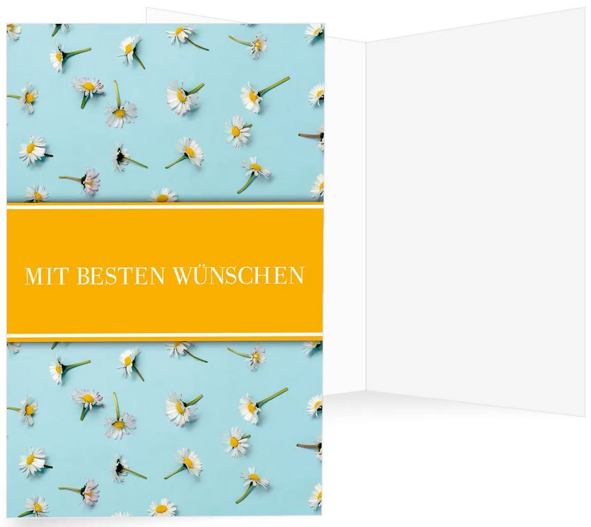 Glückwunschkarte im Hochformat mit einem Teppich kleiner Gänseblümchen und "Mit Besten Wünschen"