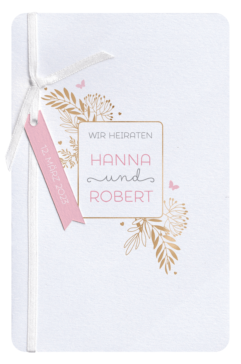 Hochzeitskarte "Wedding Passport" in weiß mit rosa Beispieldruck und Prägung gold