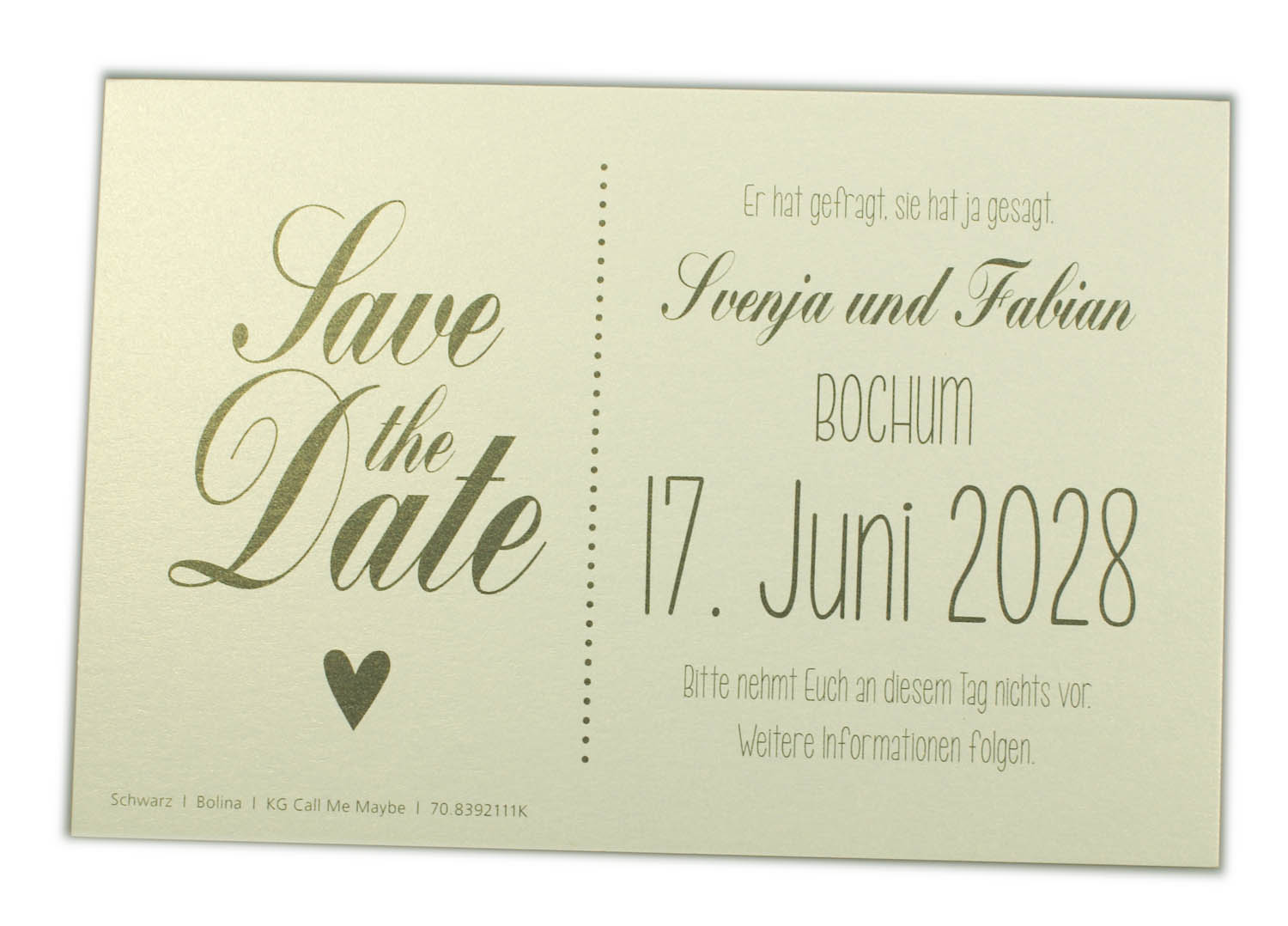 Blankokarte weißgold im Beispiel als Save the Date Karte