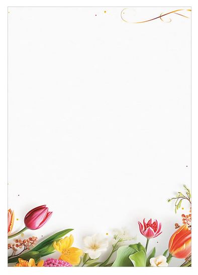 Frühlingsfrisches Schmuckbriefpapier mit bunten Tulpen und anderen Blumen, DIN A4