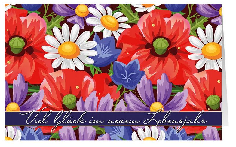 Sommerlich-heitere Glückwunschkarte zum Geburtstag mit Glückwünschen und bunten Blumen