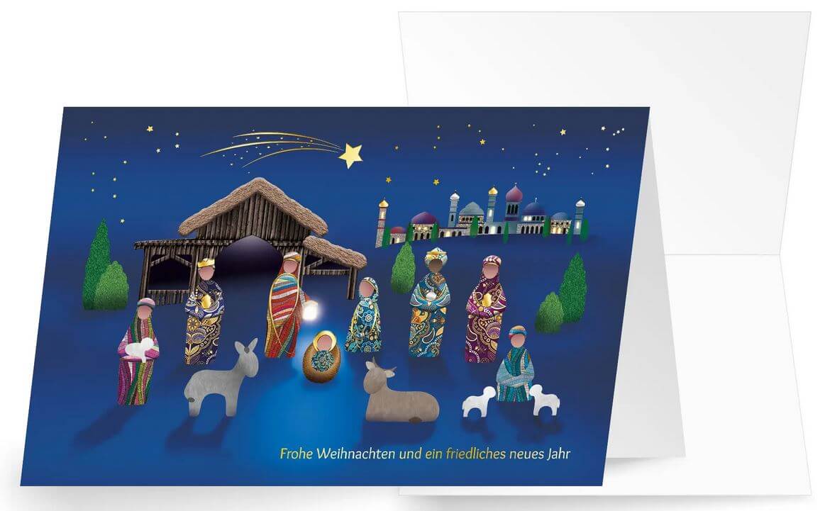 Farbenfrohe Weihnachtskarte mit christlichem Motiv und weihnachtlichen Grüßen