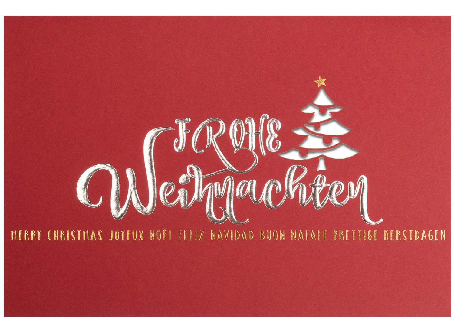 Rote Weihnachtskarte mit internationalen Grüßen und Einlegeblatt in weiß