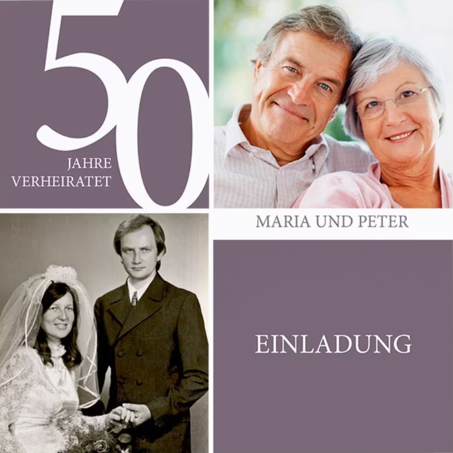 Quadratische Einladungskarte zur Goldhochzeit - 50 Jahre verheiratet - mit eigenen Bildern von damals und heute