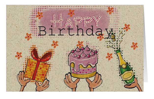 Fröhliche Glückwunschkarte zum Geburtstag mit Kuchen, Geschenk und sprudelnder Sektflasche sowie "Happy Birthday"