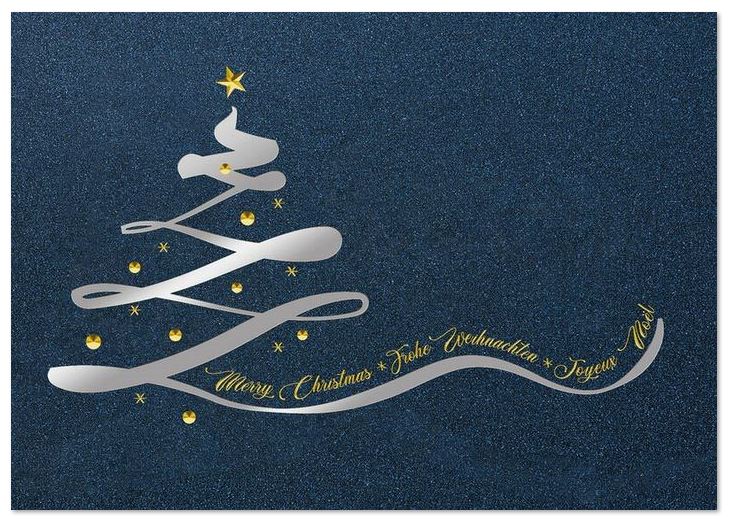 Edle Weihnachtskarte in dunkelblau mit internationalen Grüßen und Veredelung in gold und silber, inkl. Einlegeblatt
