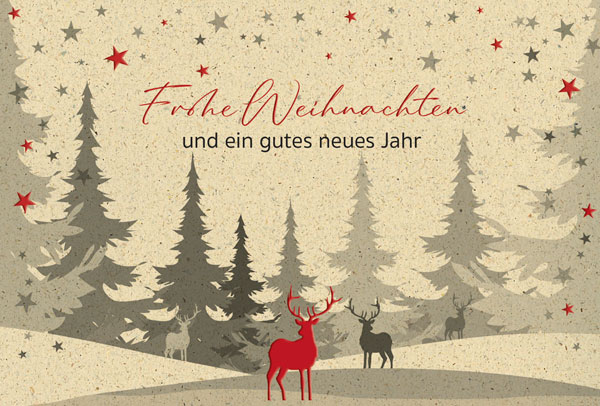 Natürliche Weihnachtskarte mit Hirschen im Wald und Weihnachtsgruß, inkl. Einlegeblatt